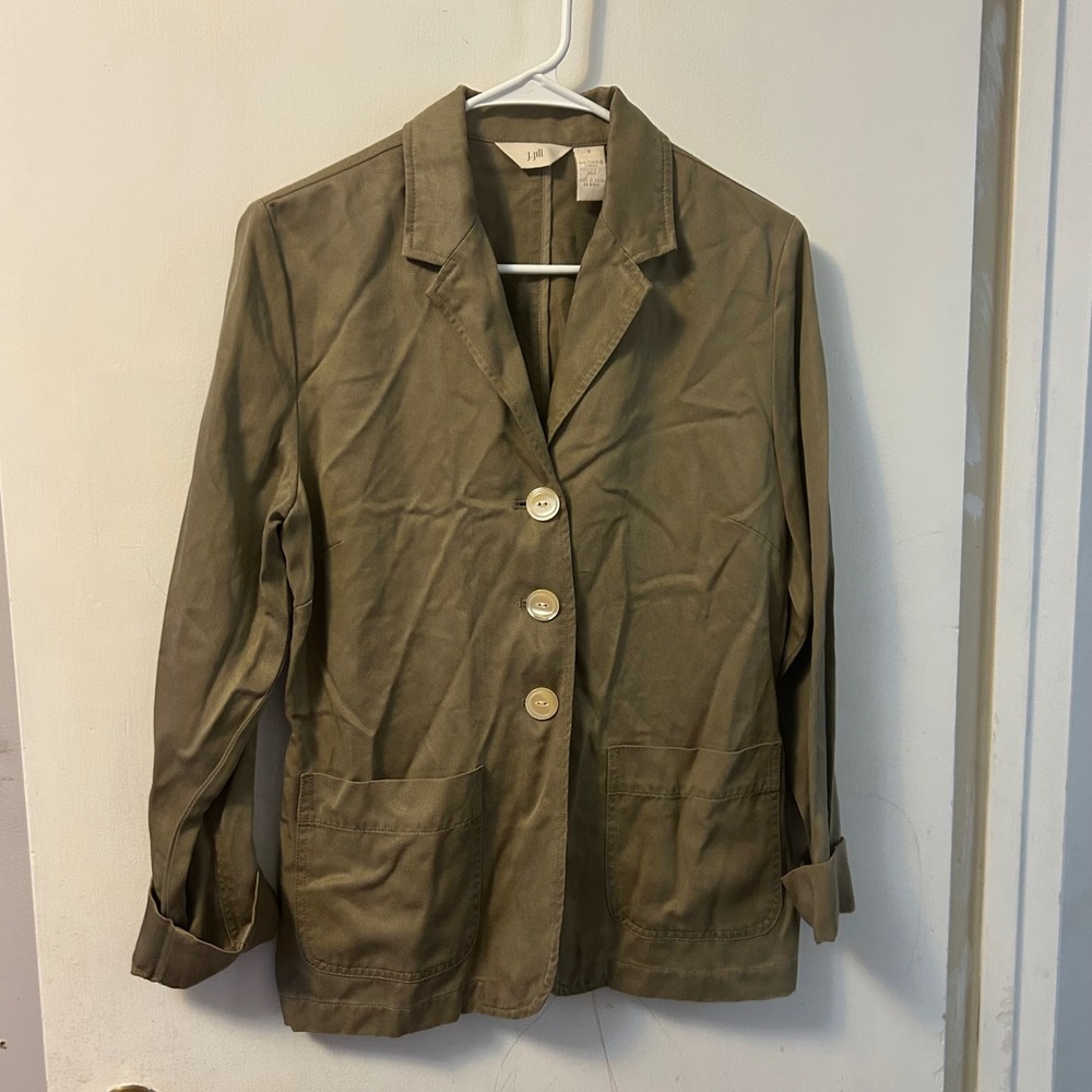 J Jill Women Small Olive Green Utility Jacket Blazer Safari Minimalist Lagenlook